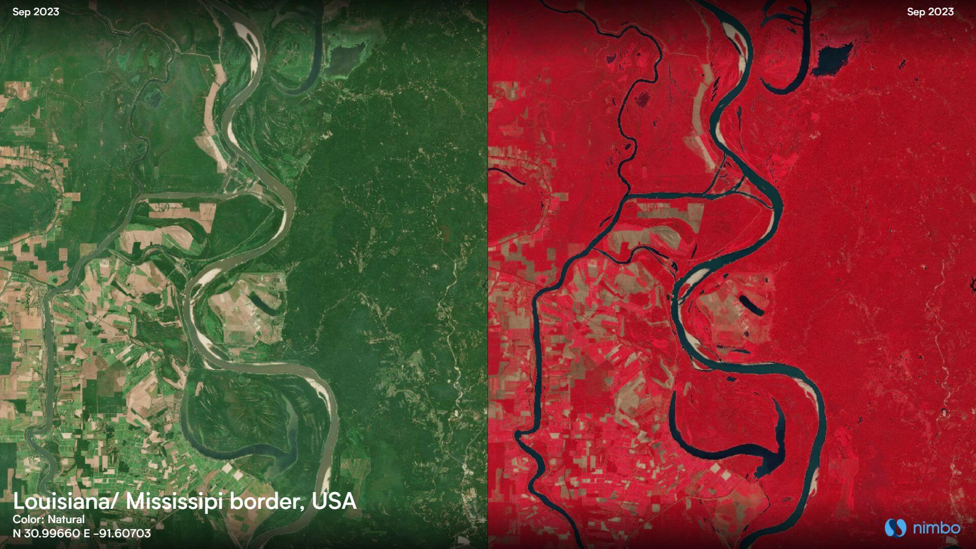 Satellite picture of Mississipi river showing how water stands out in infrared