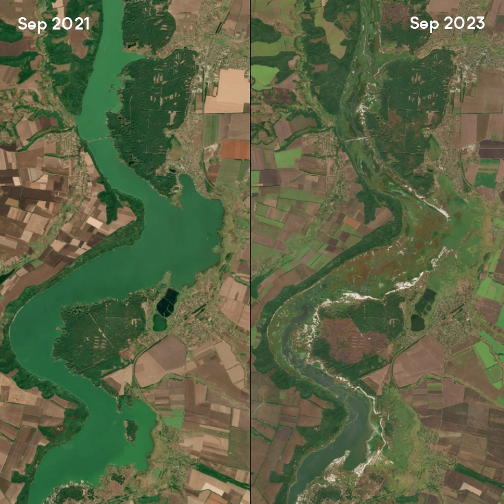 Oskil Reservoir before and after the dam destruction during the Ukraine war