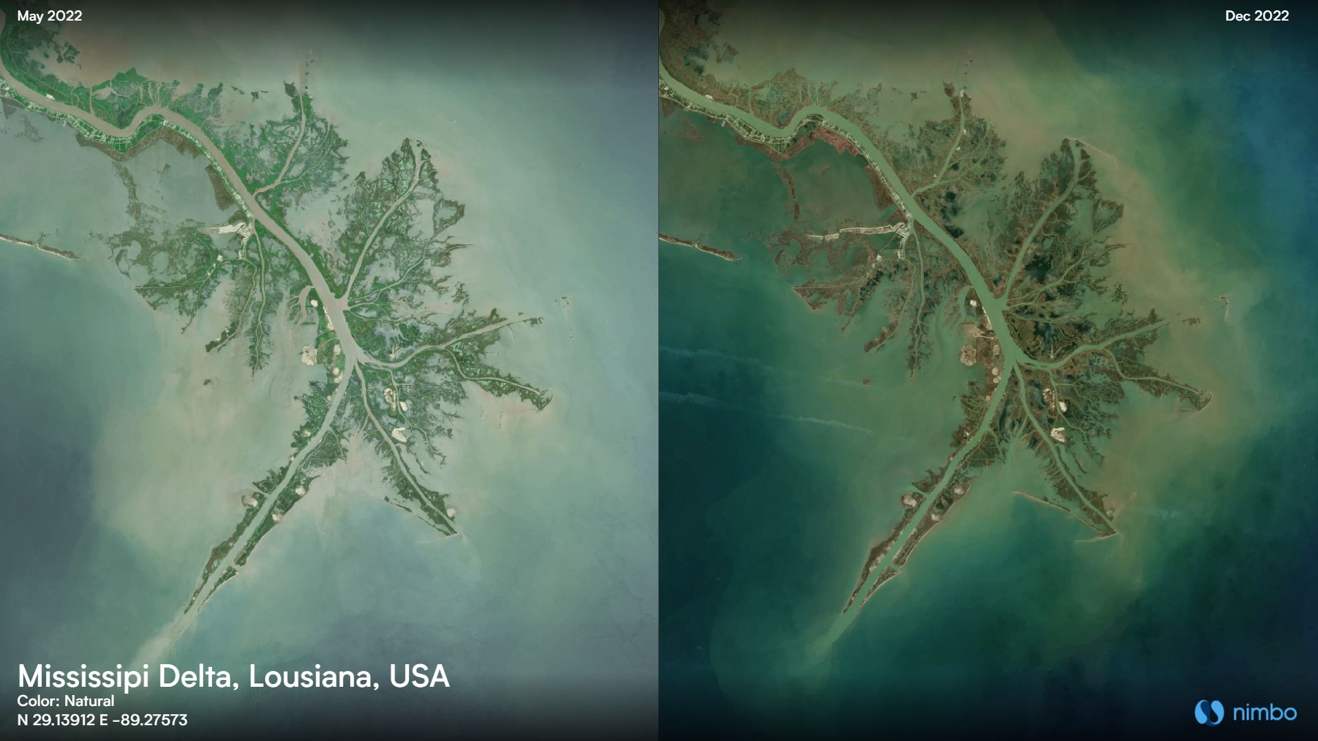 The Mississipi Delta see from space in May 2022 compared with December 2022