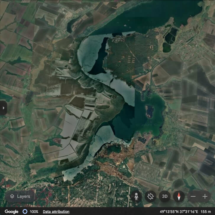 Satellite close-up of Oskil Reservoir in Google Earth