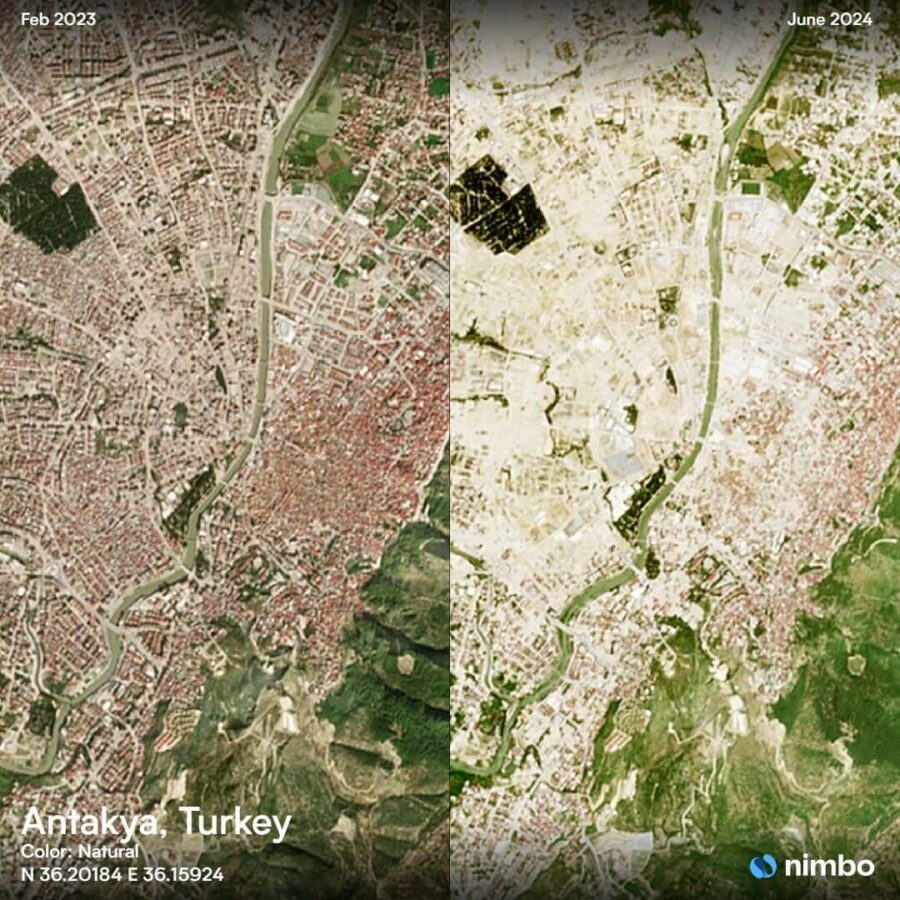 satellite image of Antakya before and after the February 2023 earthquake