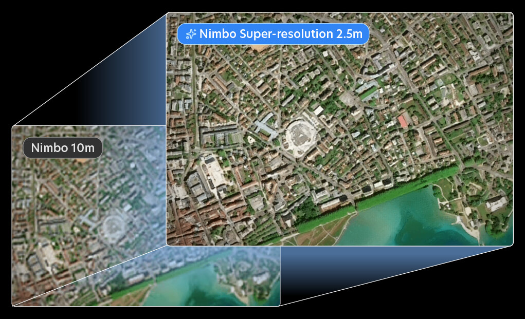 Super-resolution satellite image of a coastal town