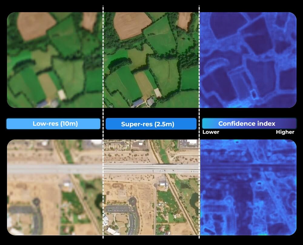 10m vs 2.5m satellite image, plus confidence layer