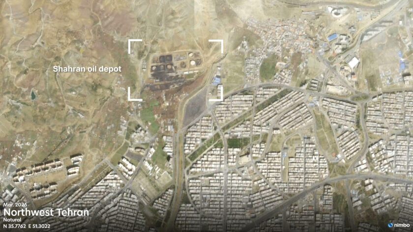 Wide Nimbo monthly satellite view of northwest Tehran, with the Shahran oil depot marked.