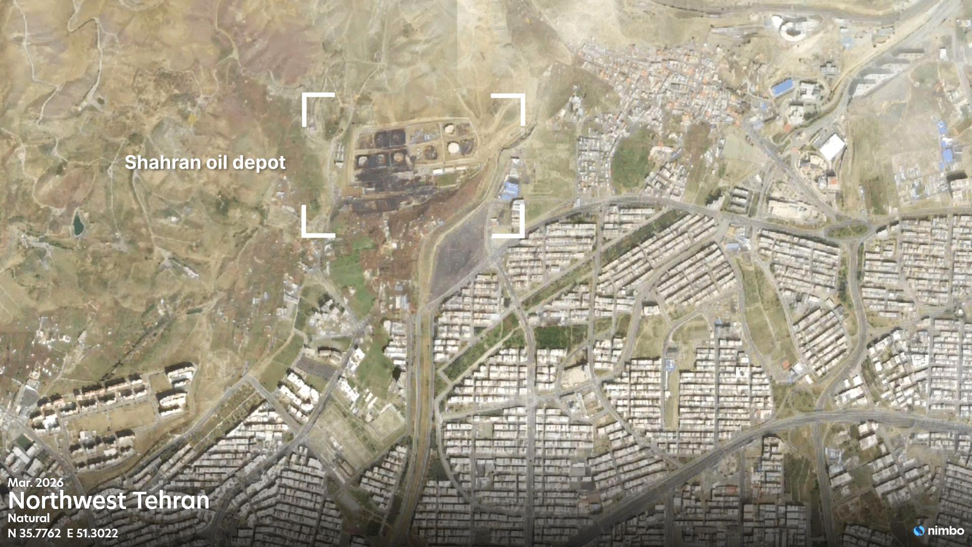 Wide Nimbo monthly satellite view of northwest Tehran, with the Shahran oil depot marked.