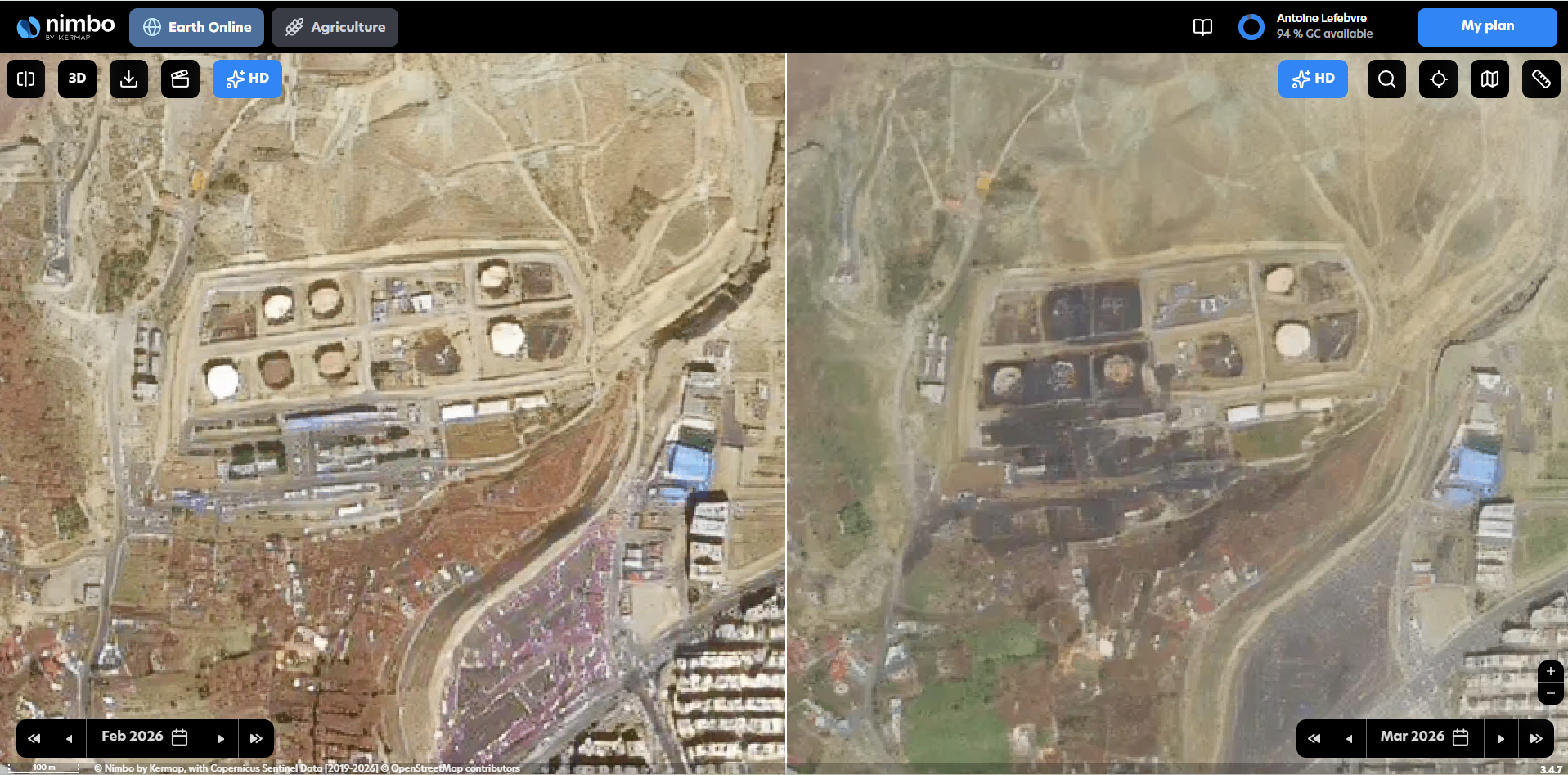 Nimbo monthly satellite comparison of the Shahran oil depot in February and March 2026, showing further visible alteration around several storage tanks.