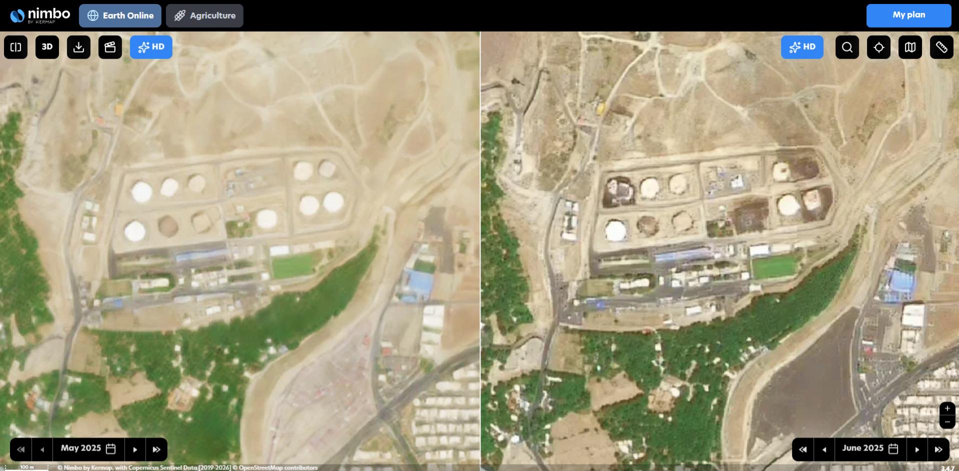 Nimbo monthly satellite comparison of the Shahran oil depot between May and June 2025, showing visible alteration to several storage tanks.