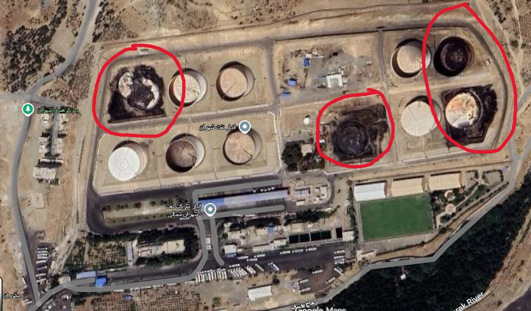 Reddit screenshot of the Google Maps satellite view of the Shahran oil depot, where several storage tanks appear damaged; the image did not establish when those changes occurred.