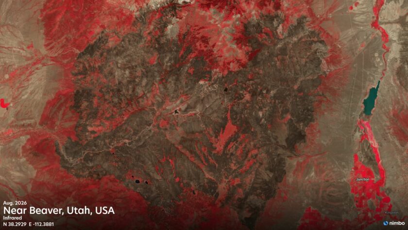Near-infrared satellite comparison near Beaver, Utah, USA, showing the landscape in May 2026 before the Cottonwood Fire and the burn scar left by August 2026.