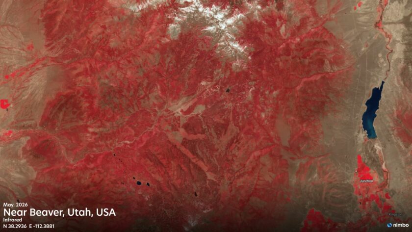 Near-infrared satellite comparison near Beaver, Utah, USA, showing the landscape in May 2026 before the Cottonwood Fire and the burn scar left by August 2026.