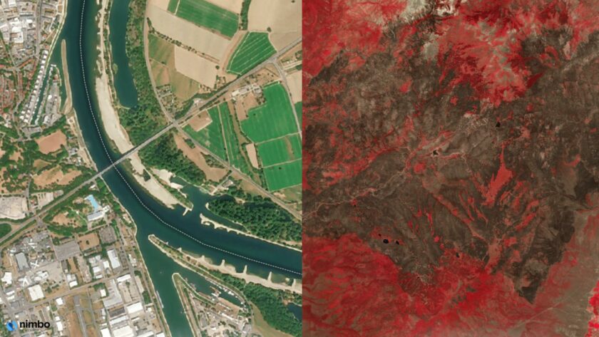 Split-screen satellite comparison showing the Rhine's drought-exposed sandbanks at Speyer, Germany, alongside the Cottonwood Fire burn scar near Beaver, Utah, USA, illustrating the 2026 EU drought and US wildfire season.