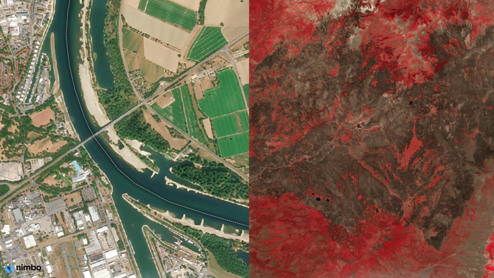 Split-screen satellite comparison showing the Rhine's drought-exposed sandbanks at Speyer, Germany, alongside the Cottonwood Fire burn scar near Beaver, Utah, USA, illustrating the 2026 EU drought and US wildfire season.