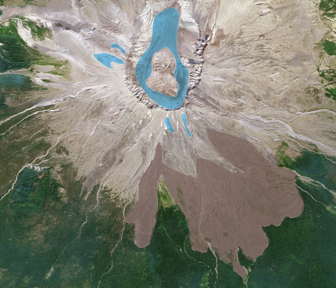 Nimbo HD image of Mount St. Helens with the updated glacier areas in blue and a newly mapped lava field in brown