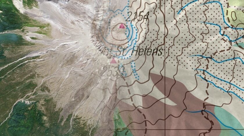 Mount St. Helens, Washington, USA, shown as an August 2026 Nimbo HD satellite image blending into the updated Swiss World Atlas map, with the revised glacier and newly mapped lava field