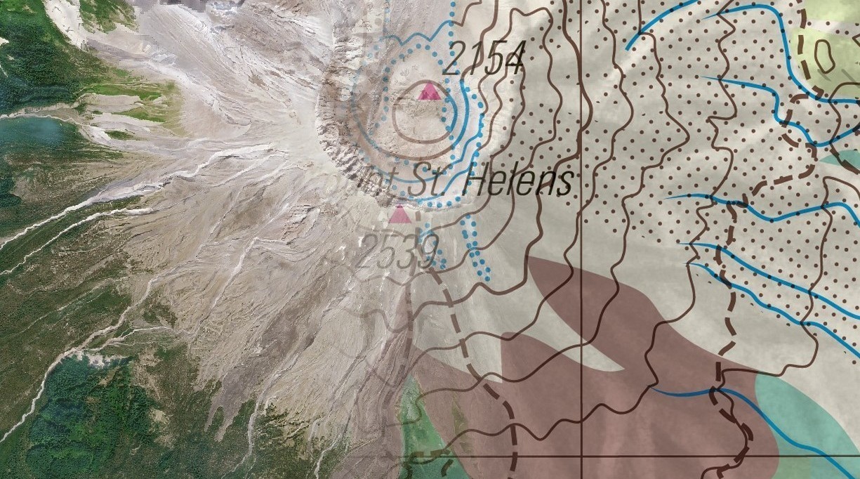 Mount St. Helens, Washington, USA, shown as an August 2026 Nimbo HD satellite image blending into the updated Swiss World Atlas map, with the revised glacier and newly mapped lava field