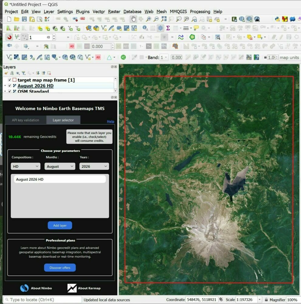 QGIS screenshot showing the Nimbo plugin layer selector and the August 2026 Nimbo HD image of Mount St. Helens inside the map frame