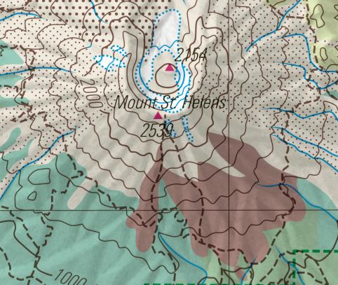 The updated Swiss World Atlas map of Mount St. Helens with the revised glacier and a newly mapped lava field